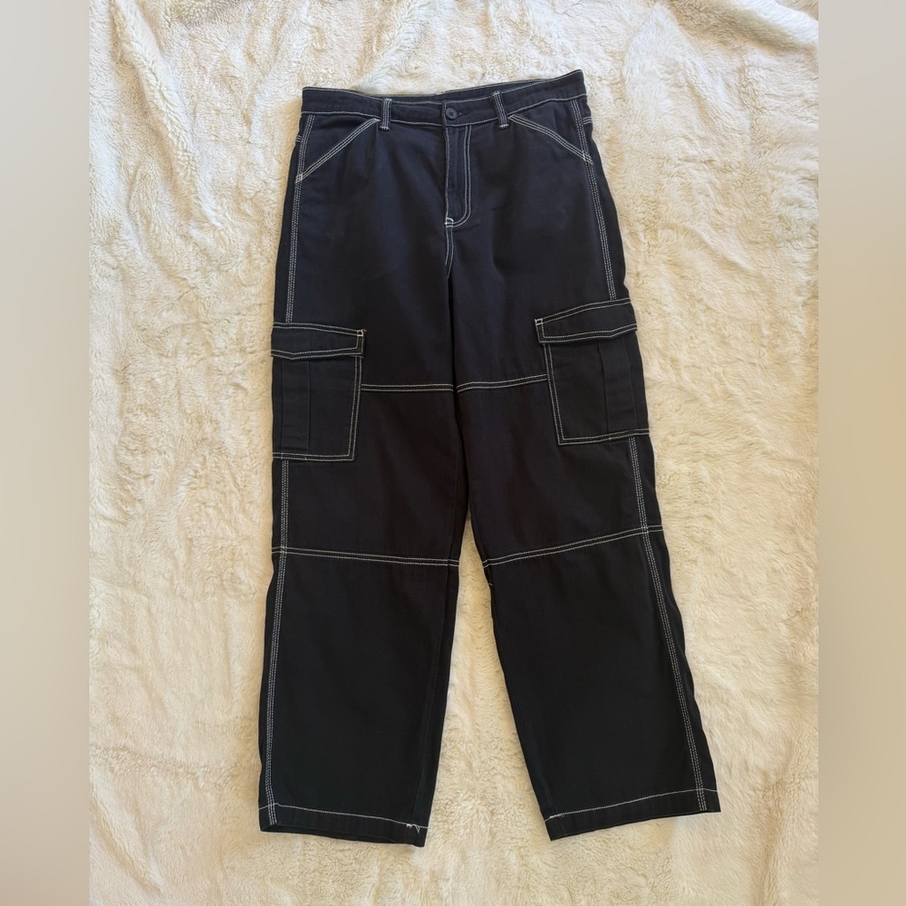 H&M DIVIDED CARGO PANTS BLACK CONTRAST STITCH STRAIGHT LEG SIZE 8 - Picture 2 of 8
